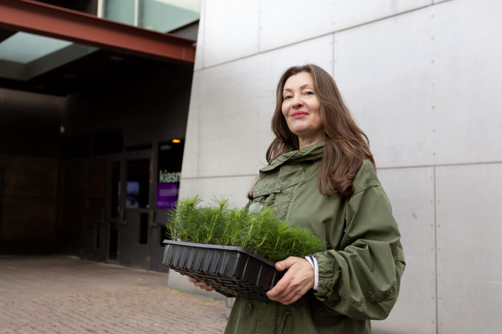 nainen kantaa laatikkoa, jossa on puuntaimia
