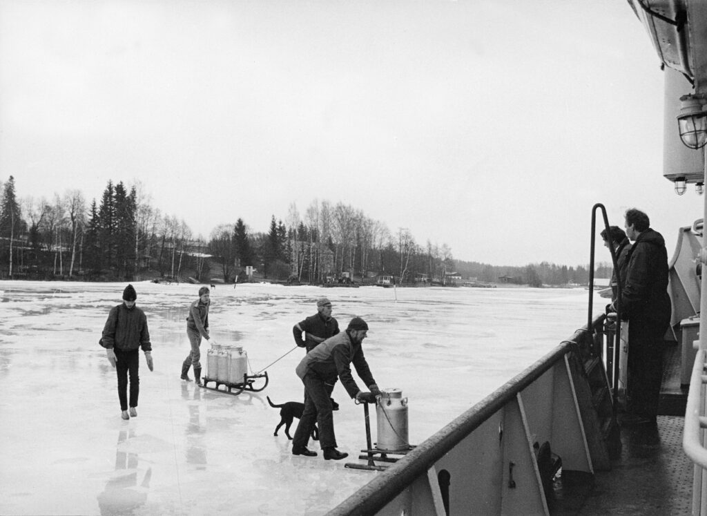 Ihmiset kuljettavat kelkoilla maitotonkkia jäätä pitkin laivaan.