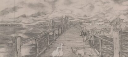 Lyijykynäpiirros, jossa puusillalla hanhia ja sika sekä ihmisiä onkimassa. Taustalla vanha linna.