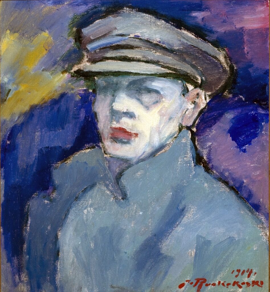 Sinistä ja muita vahvoja värejä sisältävä maalaus, joka esittää miesoletettua, jolla on harmaa lakki päässä sekä yllään siniharmaa takki, jonka kaulukset ovat pystyssä.