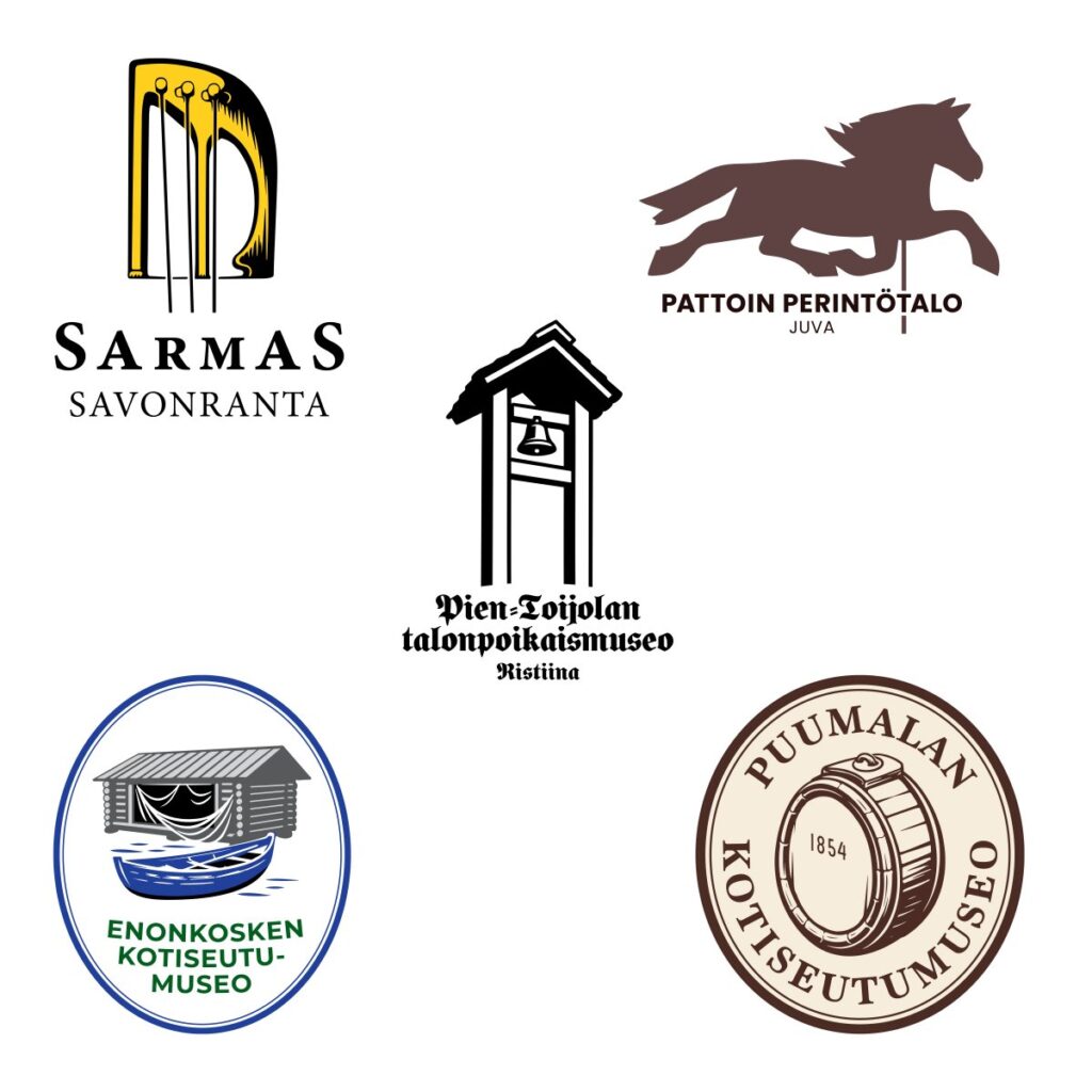 Viiden Etelä-Savon paikallismuseon värilliset logot.