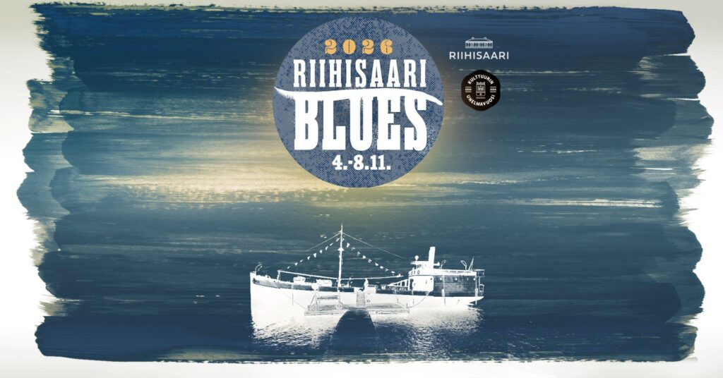 Hämyinen piirroskuva vanhasta laivasta, jossa Riihisaari bluesin logo ylhäällä