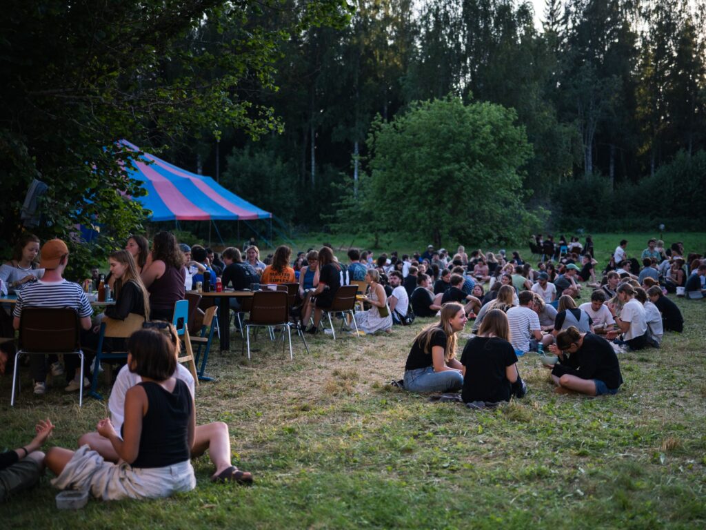 Joukko nuoria istumassa nurmikolla kesäiltana.