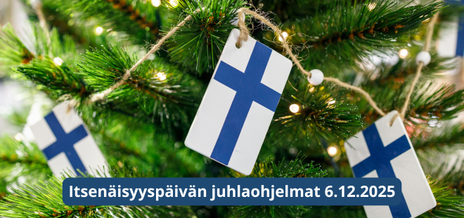 Suomen lippu joulukuusen oksalla.